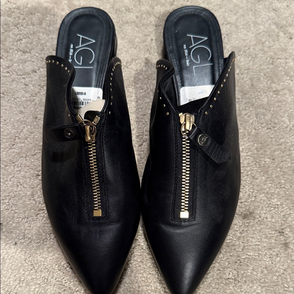 AGL Black Leather Mules with Gold Accents